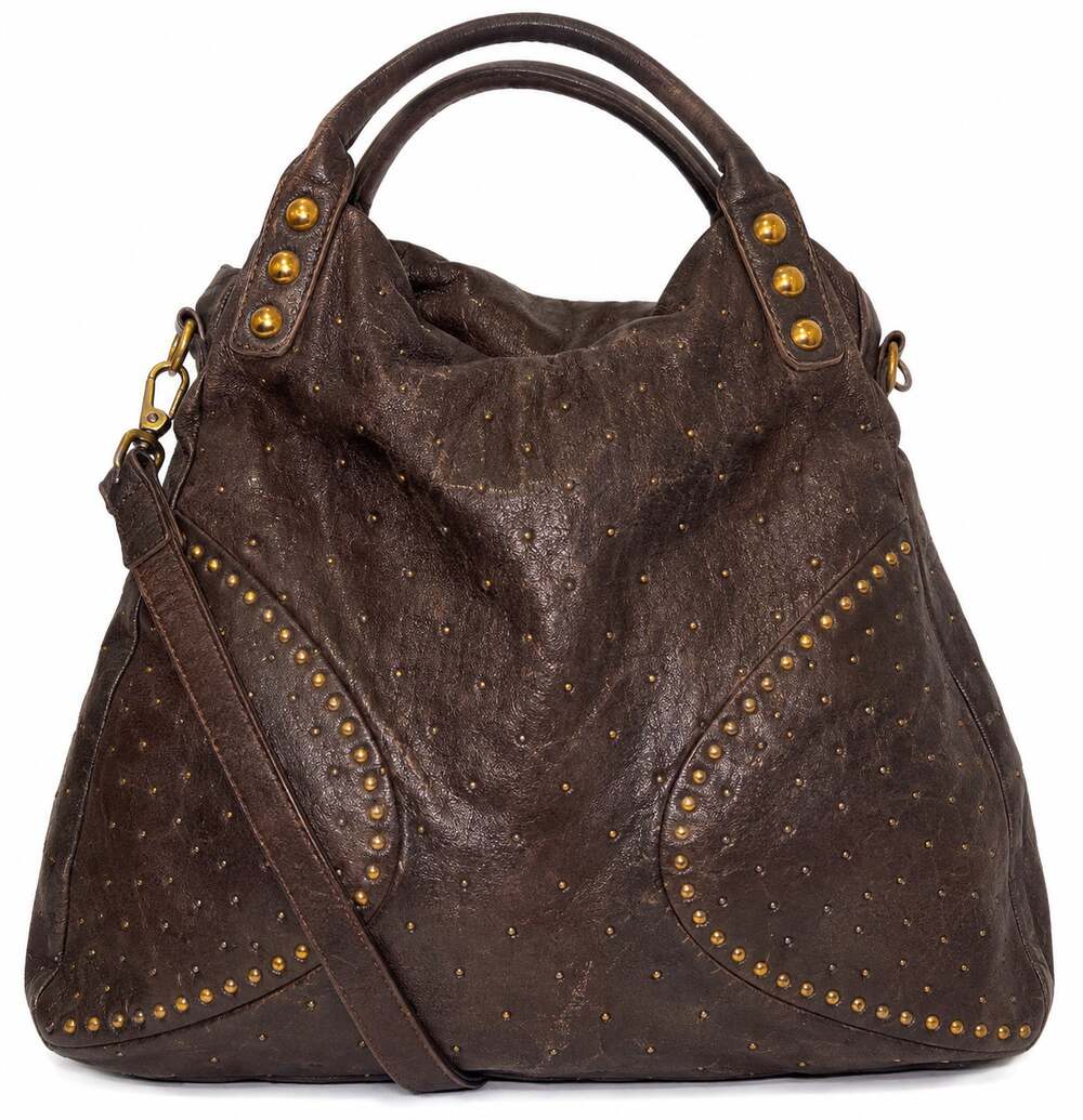 ABRO Brown Leather Studded Hobo Bag Crossbody Shoulder Top Handle Purse